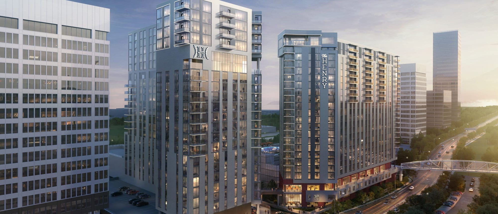 Architectural rendering of The Henry at The Battery Atlanta, showing both towers above the Cumberland district at dusk.